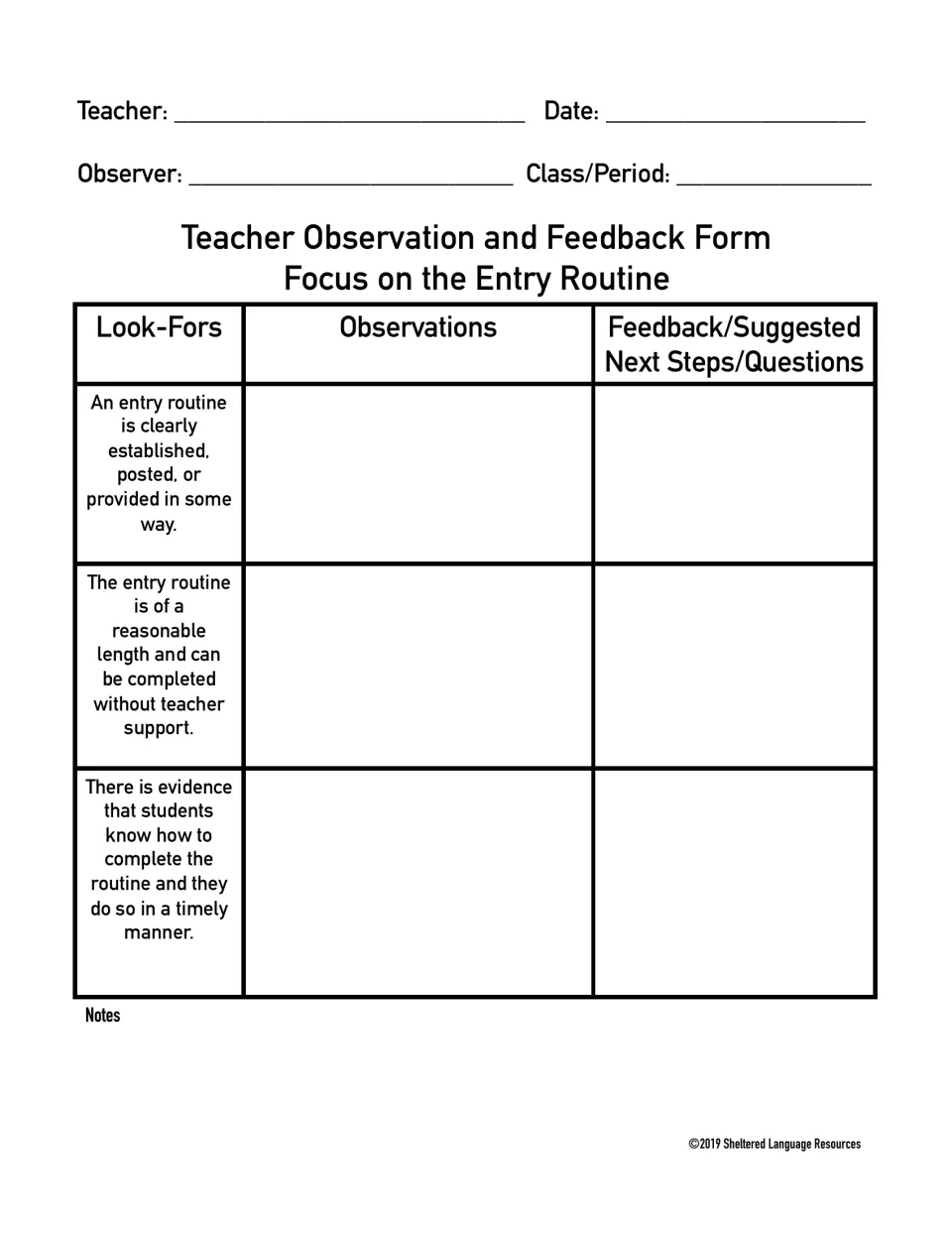 Blank entry routine observation form for recording routine clarity, independence, and timely student completion.