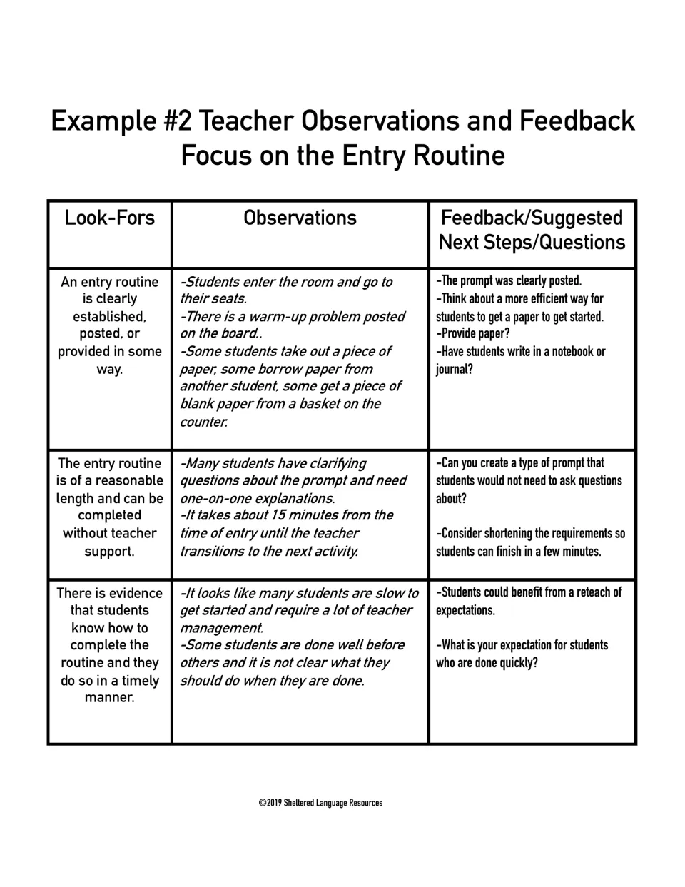 Completed observation example 2: a 15-minute warm-up, student questions, and feedback on clearer routines.