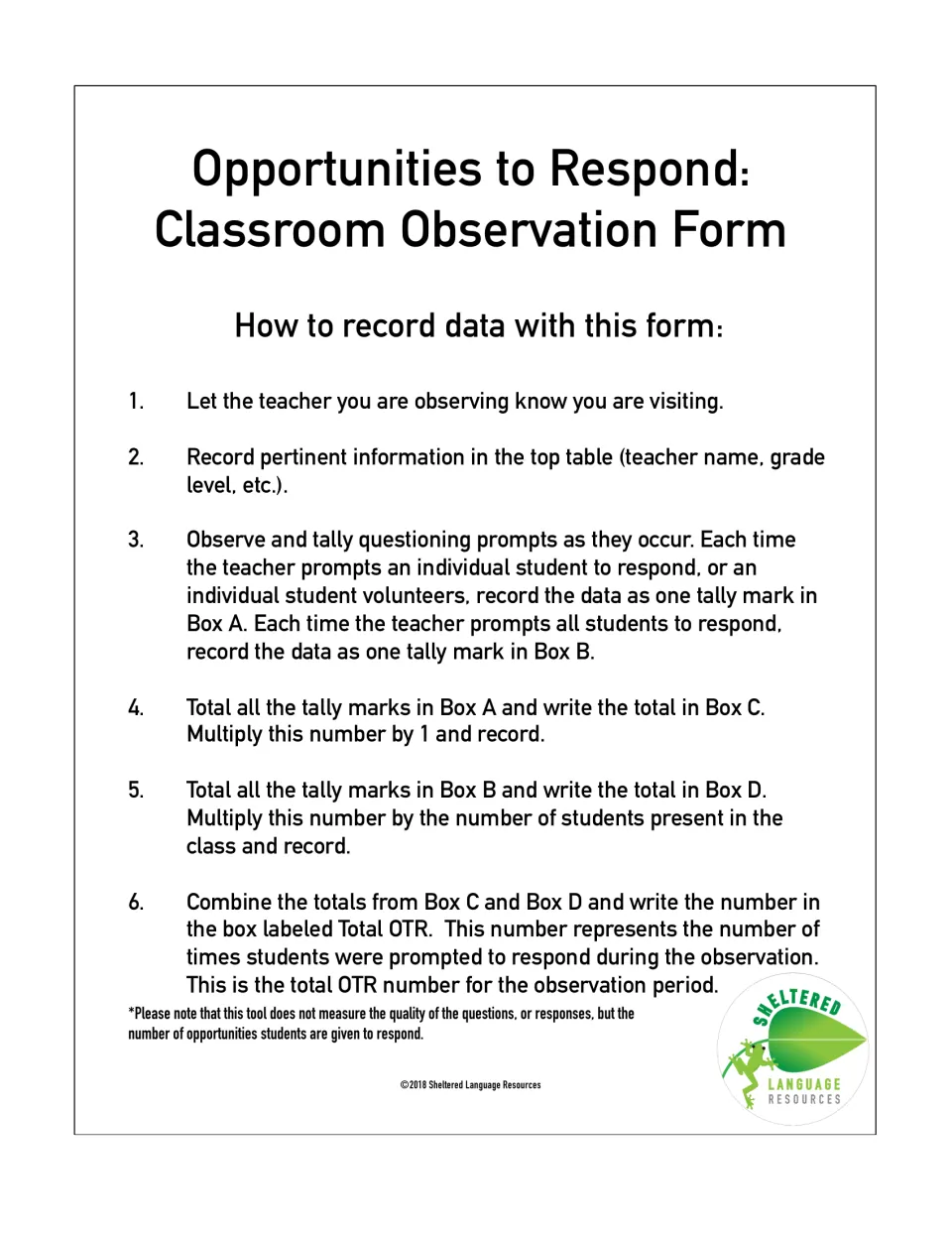 Opportunities to Respond directions: observers tally individual and whole-class prompts, then total them as OTR