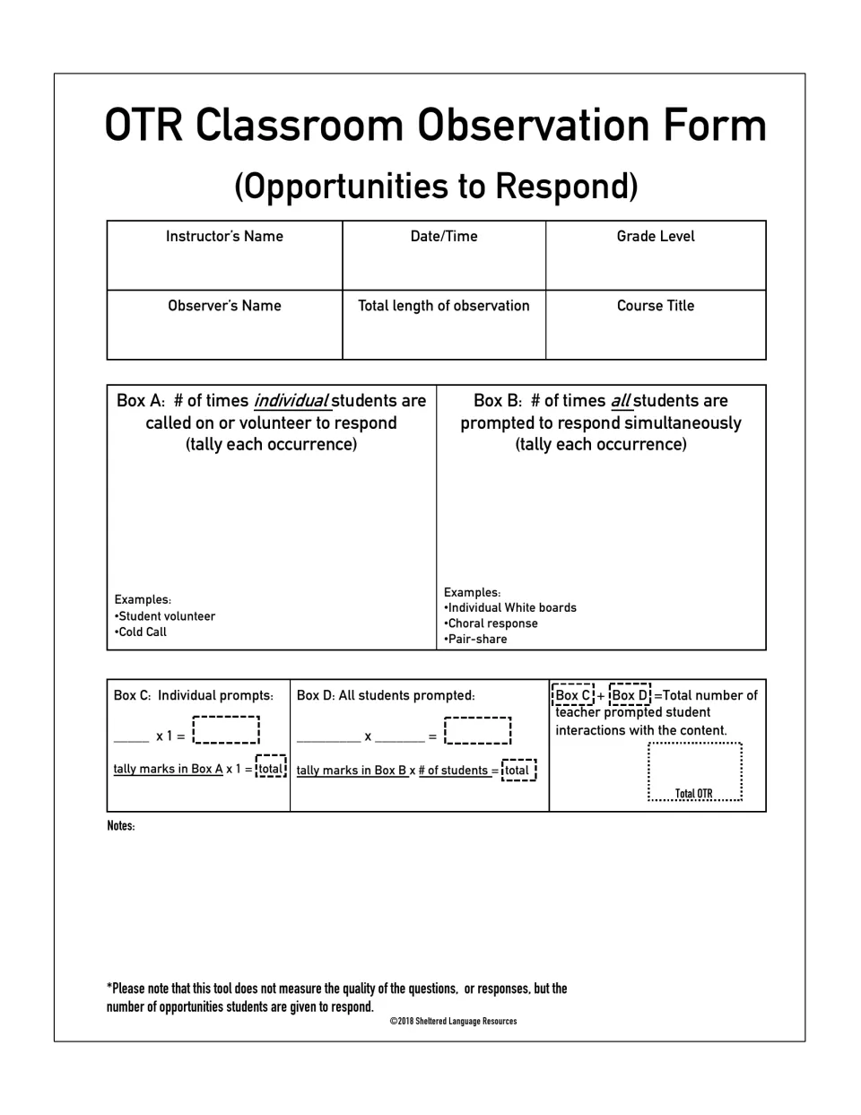 OTR observation form: tally individual vs. all-student prompts in Boxes A and B, then multiply and add for total OTR