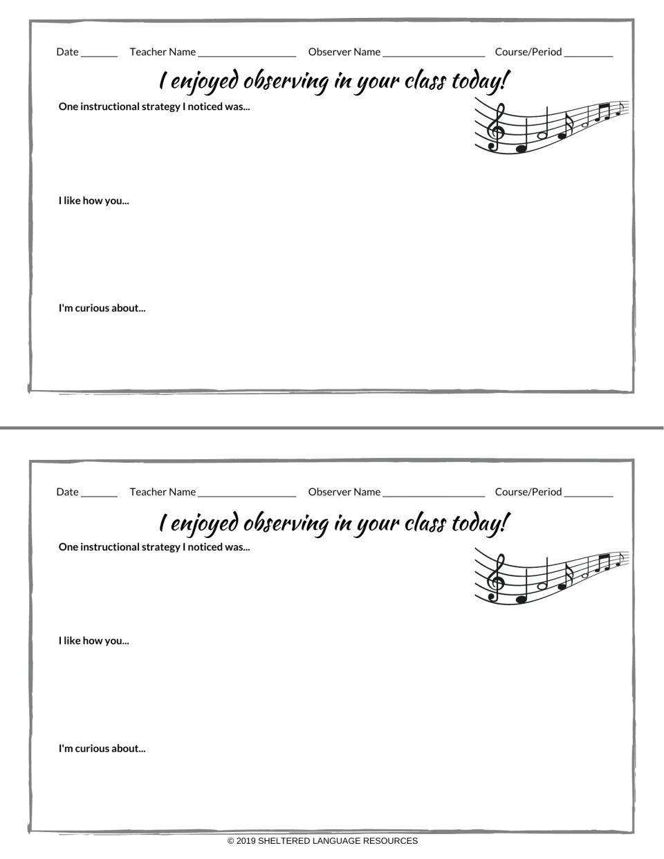 Music staff and notes feedback forms, two per page: observer shares a strategy noticed, a compliment and a question