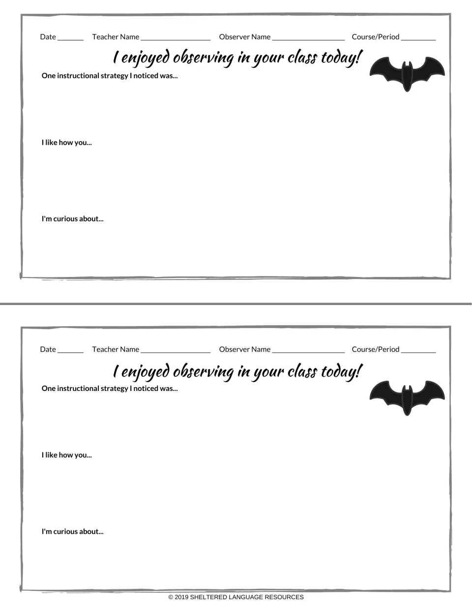 Bat-themed observation notes: two half-page forms where an observer records a strategy noticed, praise and a wonder