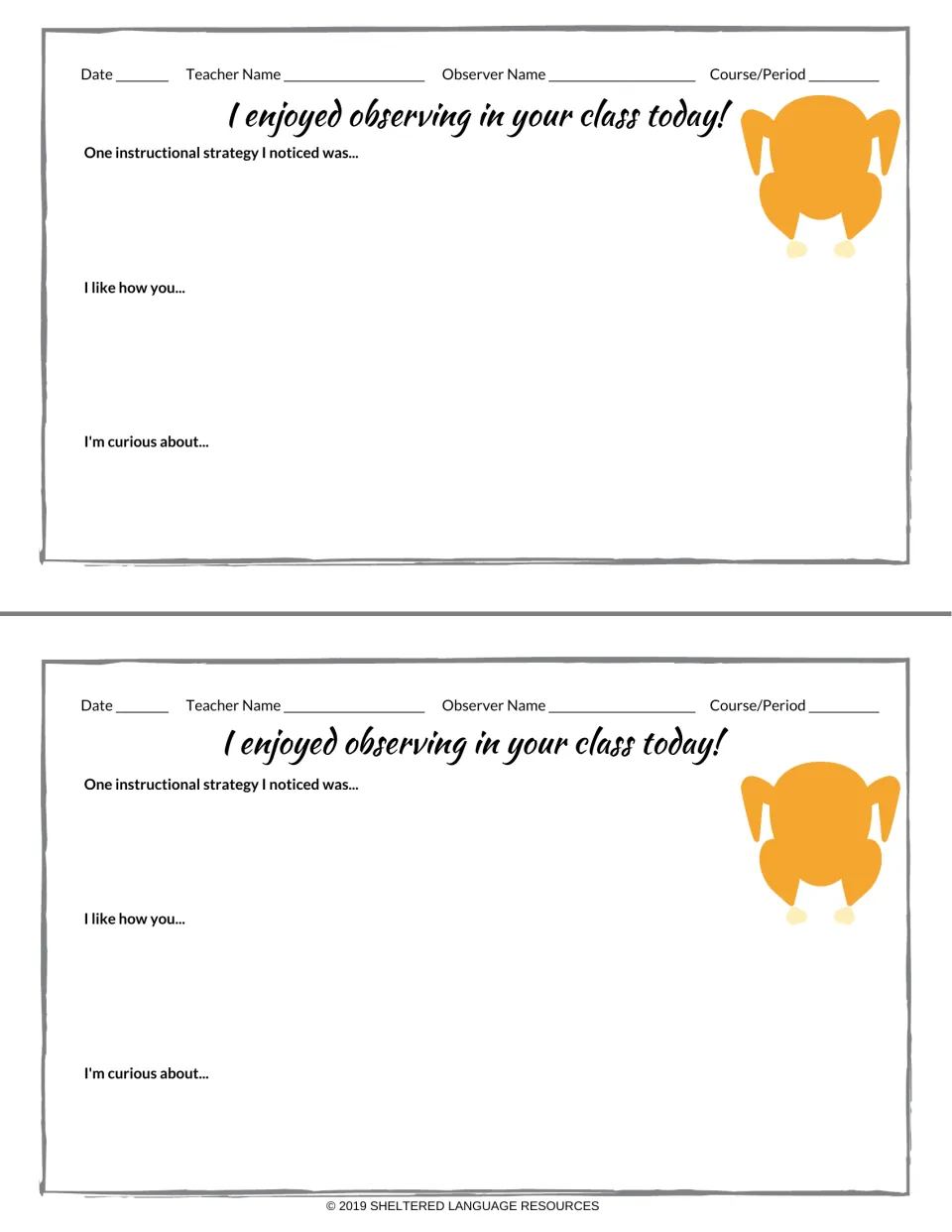 Turkey-themed observation feedback: two notes headed I enjoyed observing in your class today! with three open prompts