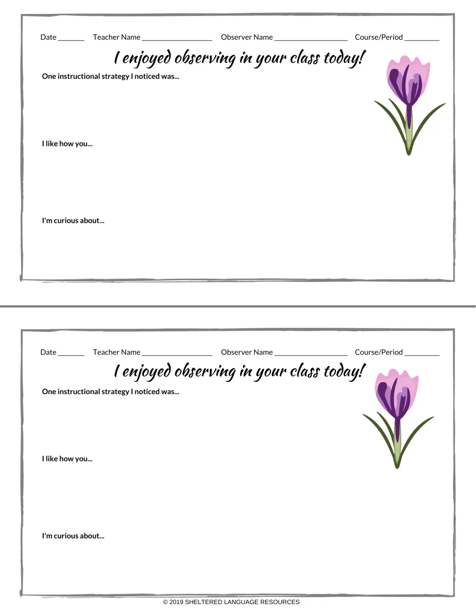 Spring crocus observation slips: two forms with date, teacher, observer and period fields and three feedback prompts
