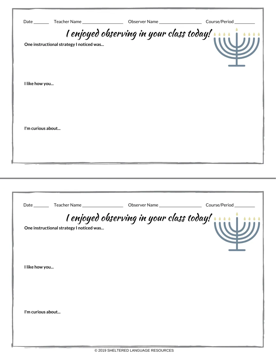 Menorah-themed teacher observation notes: two copies asking for a strategy noticed, I like how you and I'm curious about