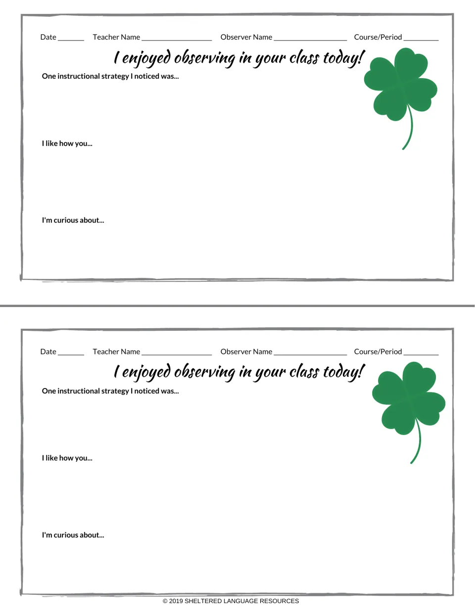 Shamrock-themed class visit forms: two notes with observer and teacher name fields and strategy, like and curious prompts