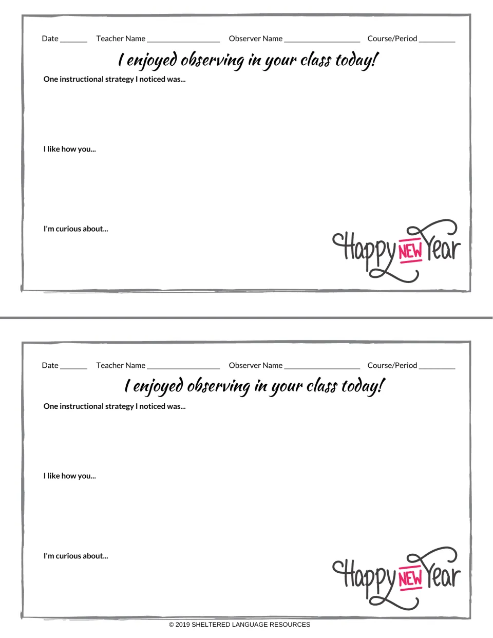 Happy New Year observation feedback: two notes where a visitor writes a strategy noticed, what they like and a question