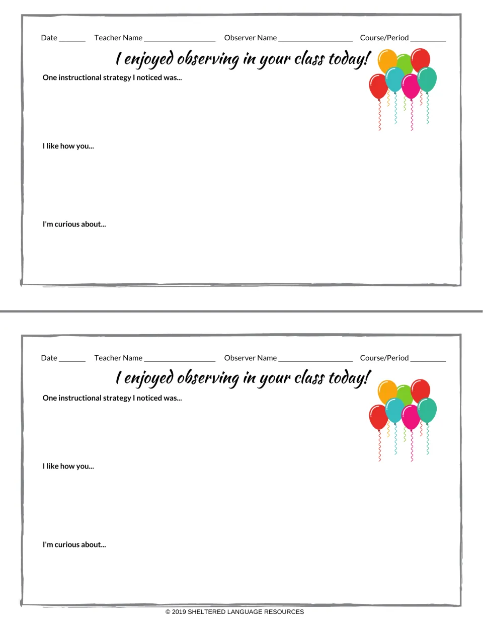 Balloon-bunch observation slips for celebrations: two notes with date and period fields and three feedback prompts