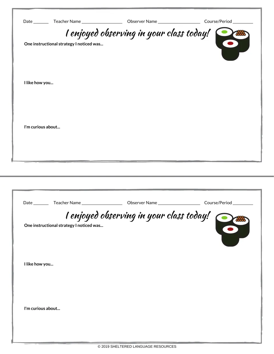 Two class observation notes with maki roll art: observer writes a strategy noticed, I like how you and I'm curious about