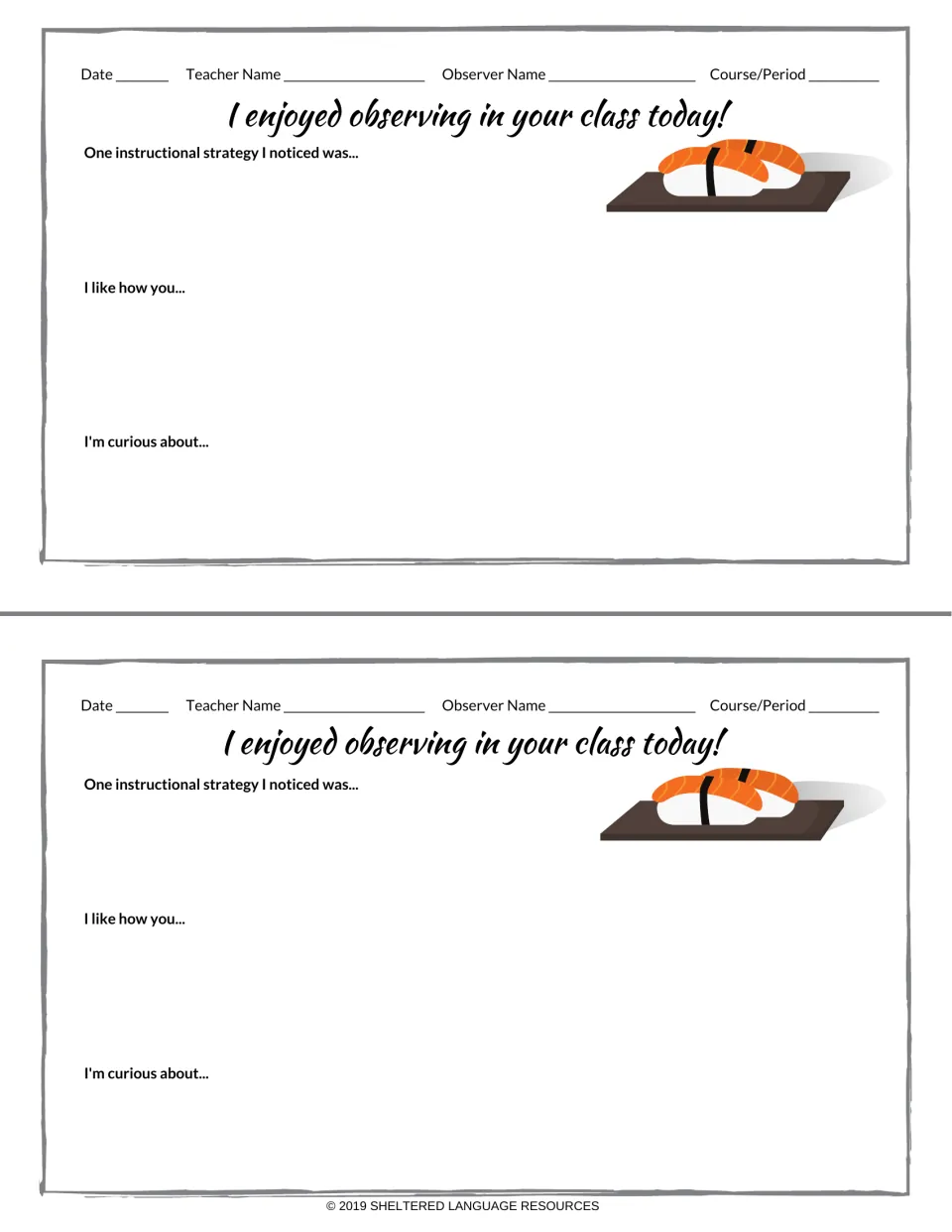 Class observation notes with salmon nigiri on a board: prompts for a strategy noticed, what was liked and a question