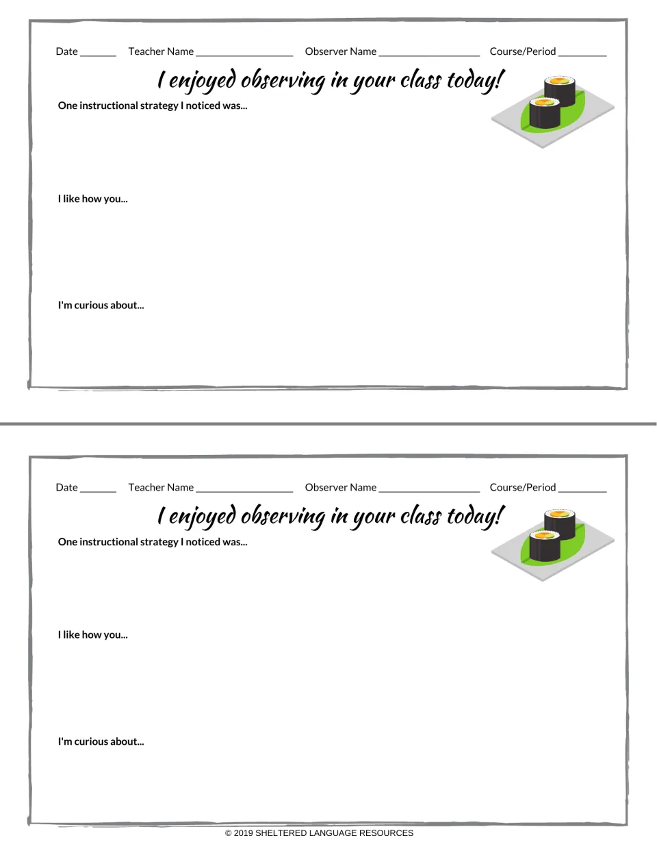 Teacher observation notes with maki on a leaf platter: observer writes a strategy noticed, praise and a curious question