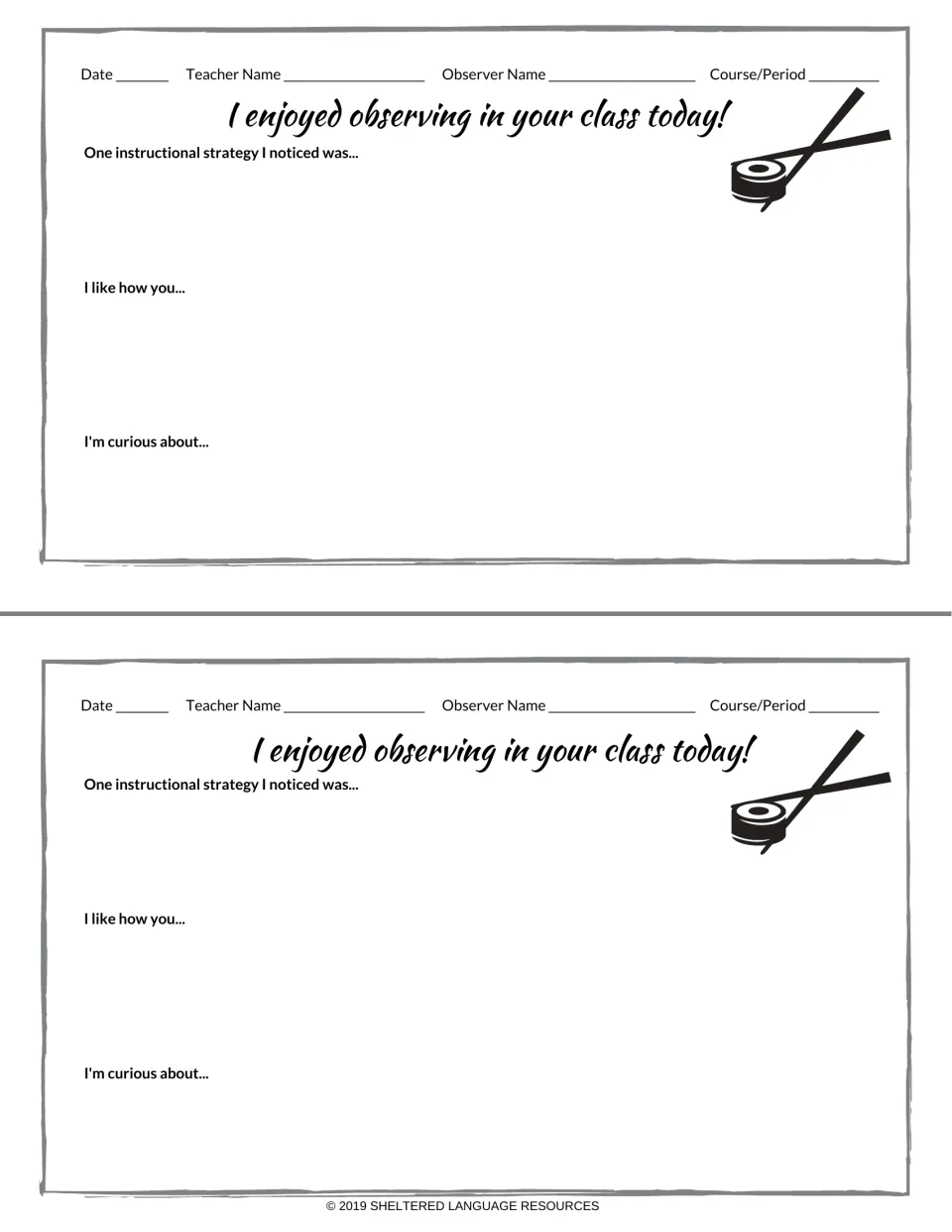 Observation feedback notes with black sushi and chopsticks icon: prompts for a strategy noticed, a like and a curiosity