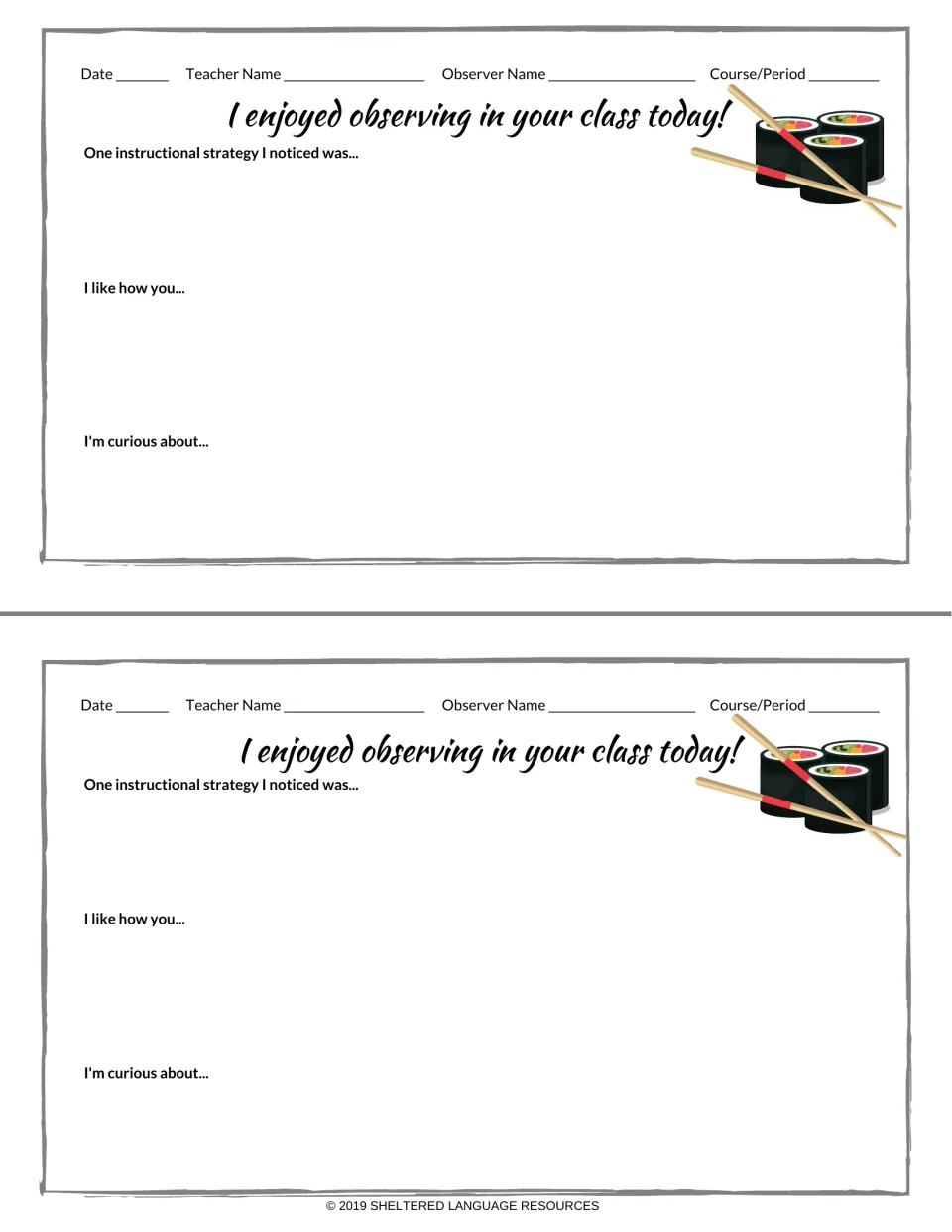 Class observation notes with maki rolls and chopsticks: observer writes a strategy they noticed, what they like, a question