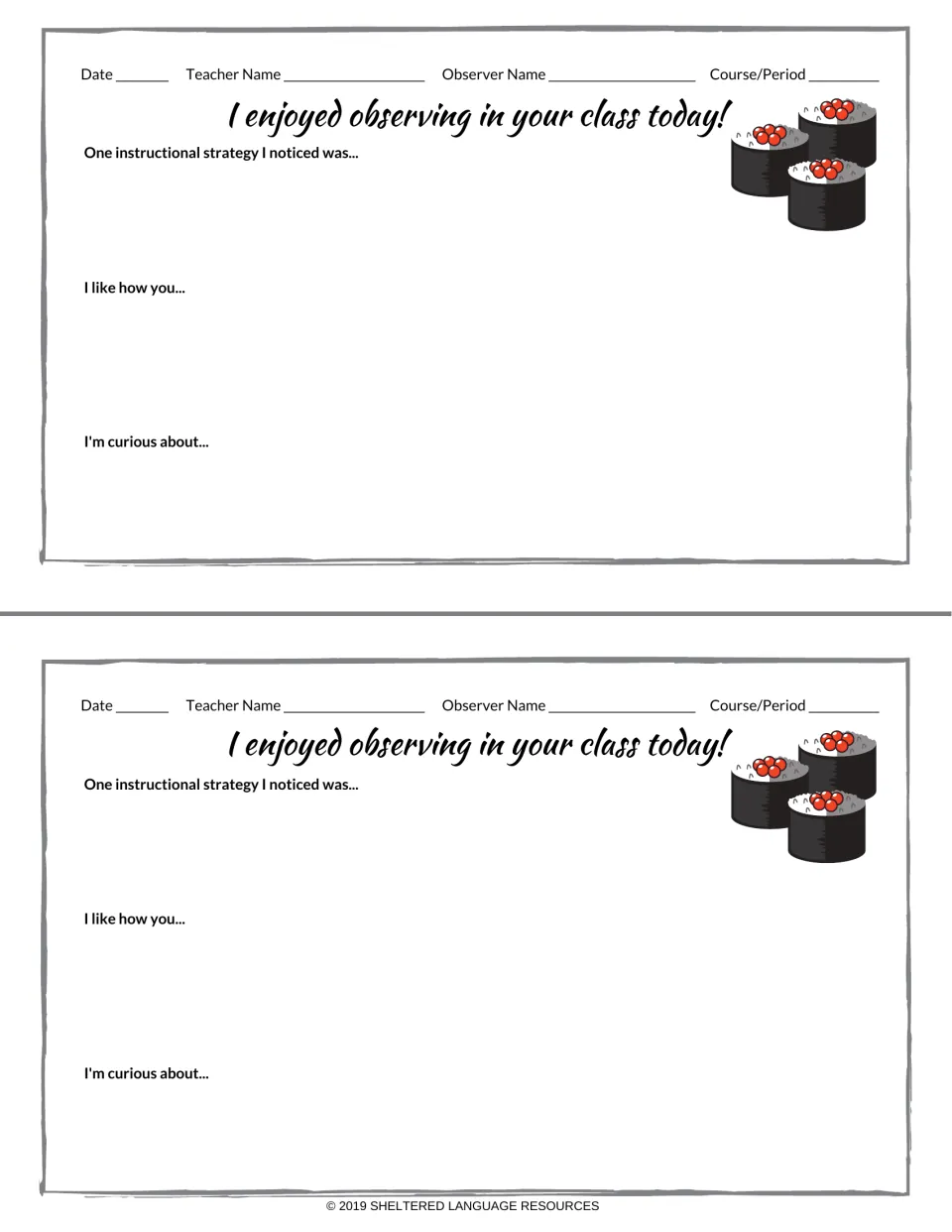 Observation notes with roe-topped sushi art: observer fills in Teacher Name, Course/Period, a strategy, a like, a question