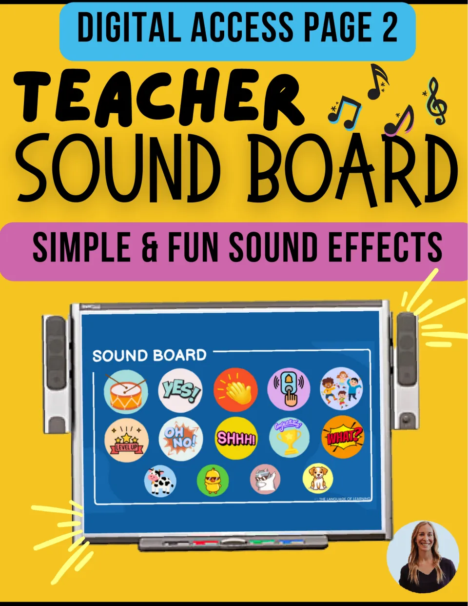 Teacher Sound Board cover: 14 sound buttons on a smartboard, including drum, clapping, Shhh, What?, Oh no! and Level up