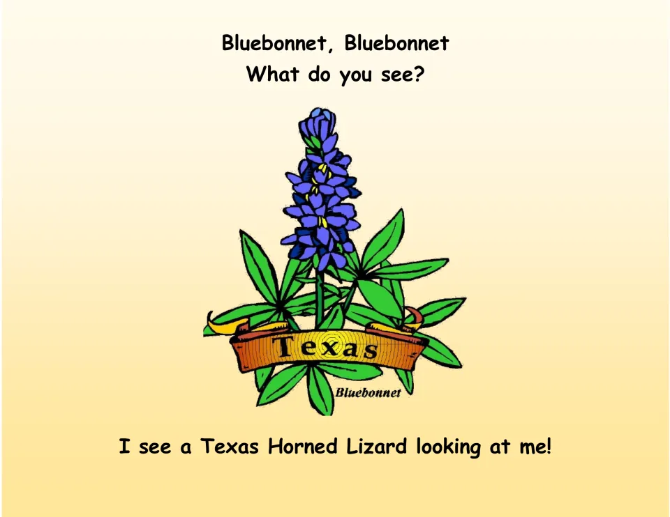 Texas symbols book page 1: Bluebonnet asks 'What do you see?' and sees a Texas Horned Lizard.