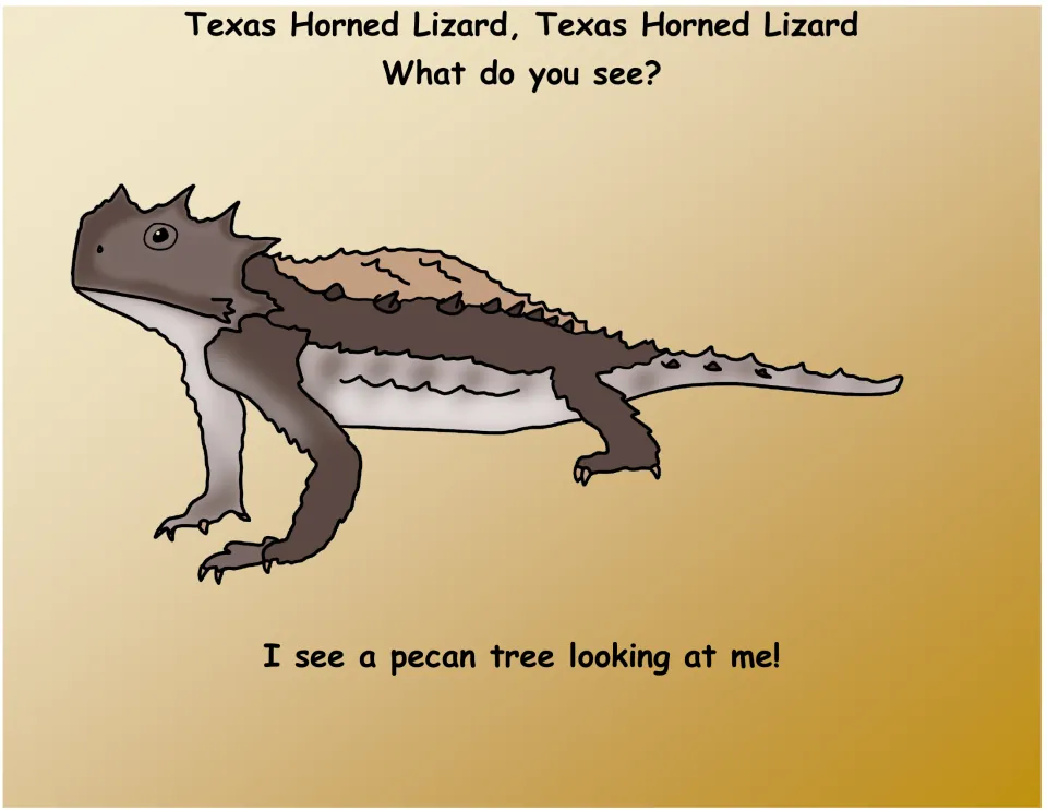 Texas symbols book page 2: Texas Horned Lizard asks 'What do you see?' and sees a pecan tree.