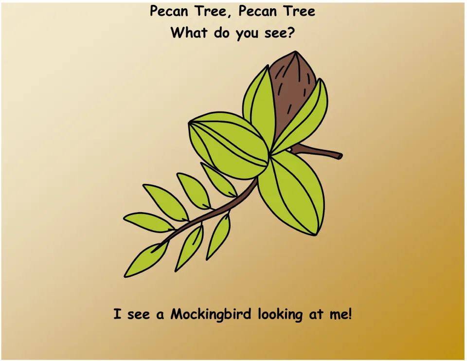 Texas symbols book page 3: Pecan Tree asks 'What do you see?' and sees a Mockingbird.
