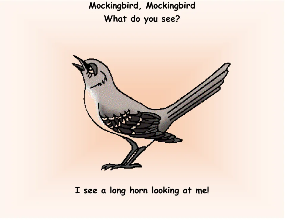 Texas symbols book page 4: Mockingbird asks 'What do you see?' and sees a long horn.