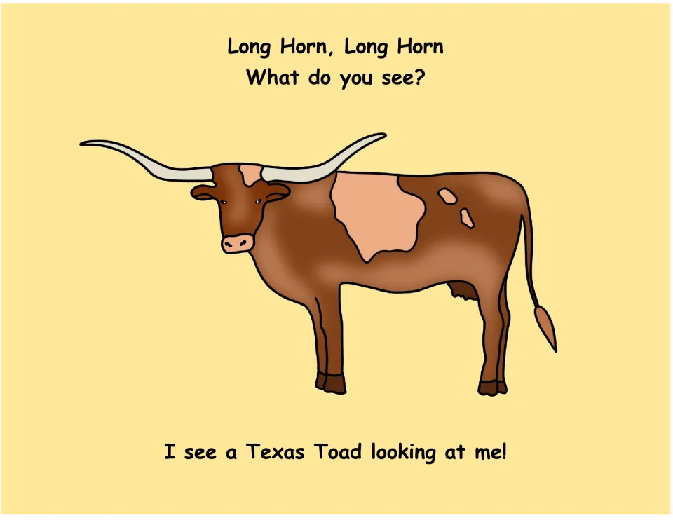 Texas symbols book page 5: Long Horn asks 'What do you see?' and sees a Texas Toad.