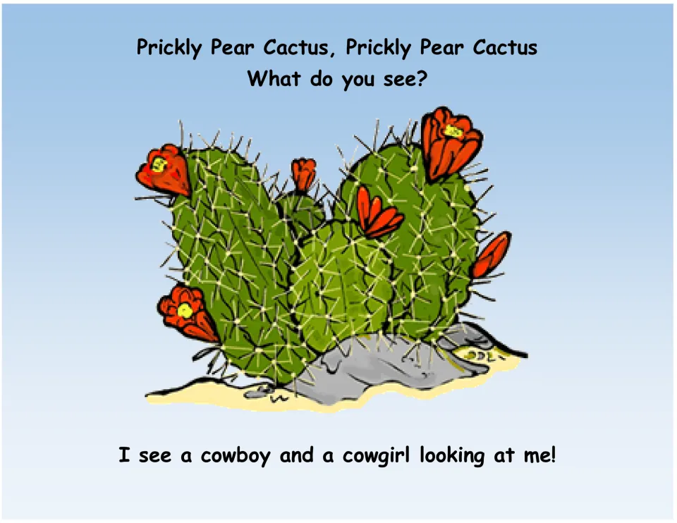 Texas symbols book page 8: Prickly Pear Cactus asks 'What do you see?' and sees a cowboy and a cowgirl.