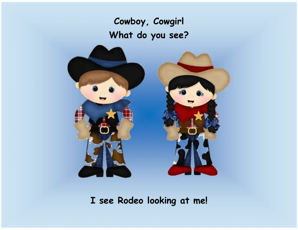 Texas symbols book page 9: Cowboy and Cowgirl ask 'What do you see?' followed by 'I see Rodeo looking at me!'