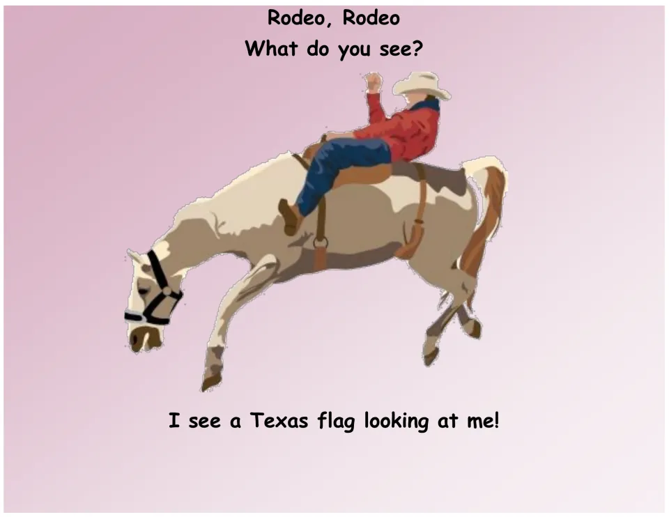 Texas symbols book page 10: Rodeo asks 'What do you see?' and sees a Texas flag, with a rodeo rider shown.