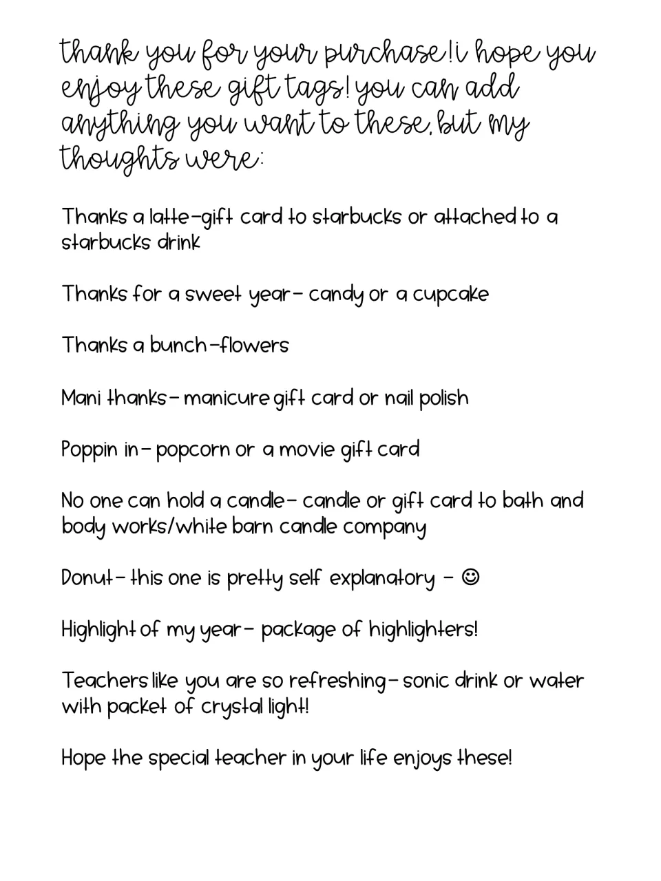 Gift pairing ideas for each tag: latte with a coffee drink, sweet year with candy, bunch with flowers, popcorn and more