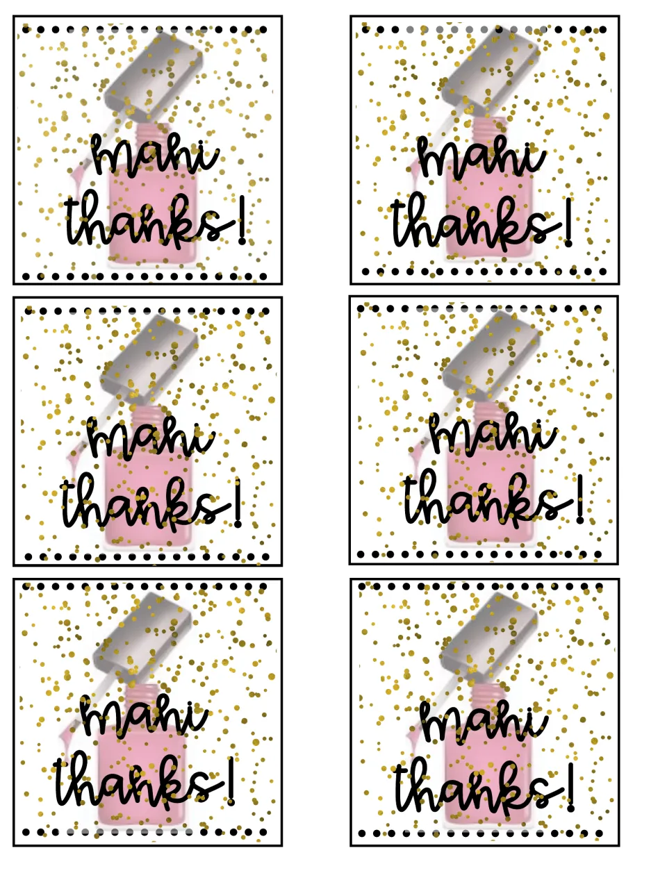 Six manicure-themed tags reading mani thanks! over a pink nail polish bottle surrounded by gold confetti dots