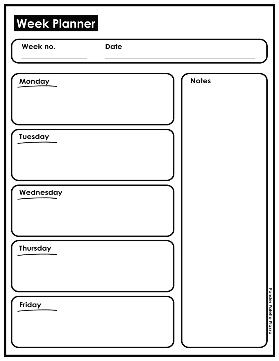 Week Planner page: teachers fill in the week number and date, then plan Monday through Friday with a Notes space beside
