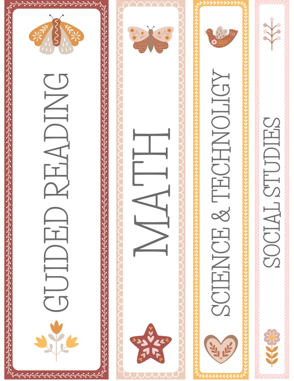 Four binder spines labeled 'Guided Reading,' 'Math,' 'Science & Technology,' and 'Social Studies'