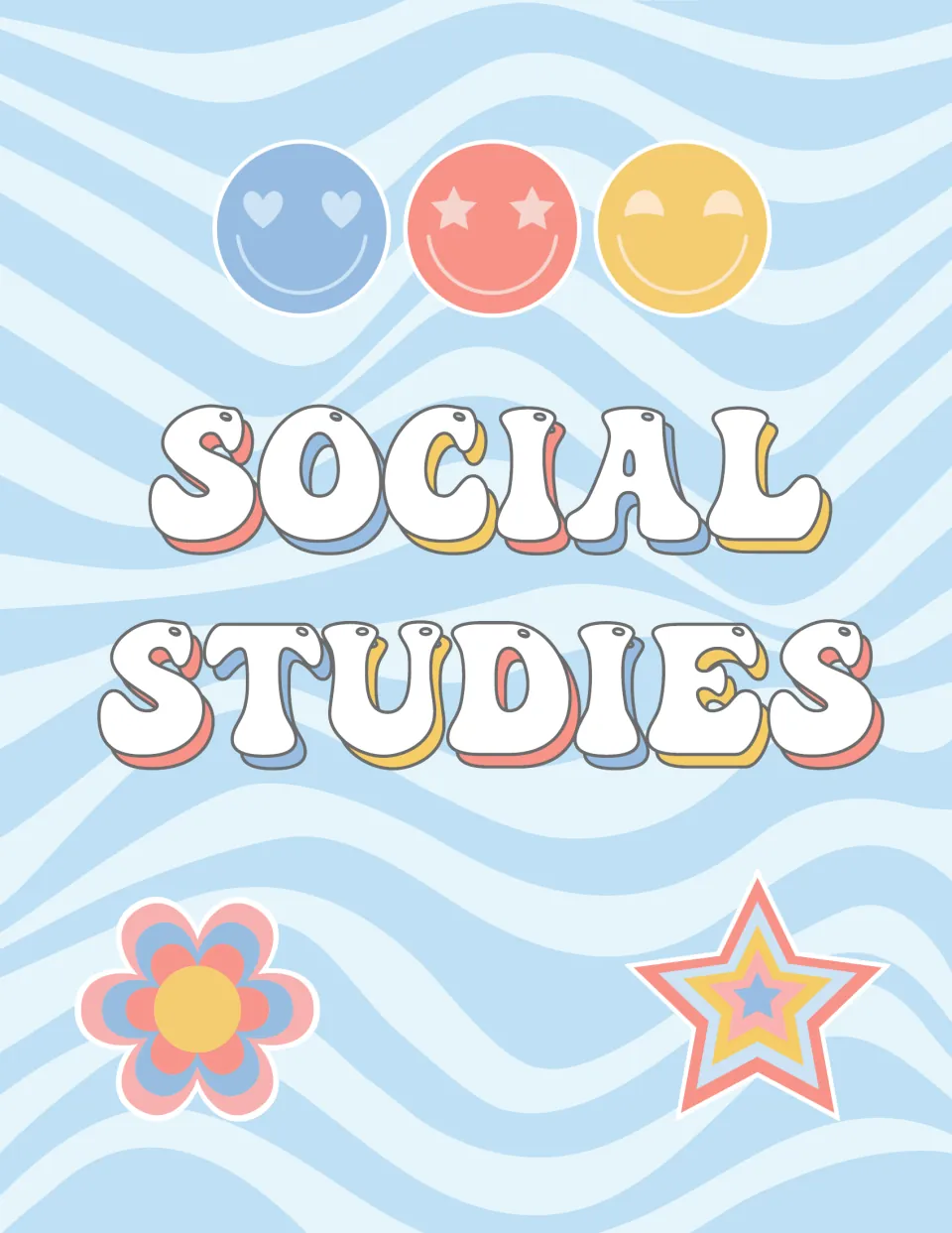 Social Studies binder front cover for organizing subject materials in the editable pastel groovy set
