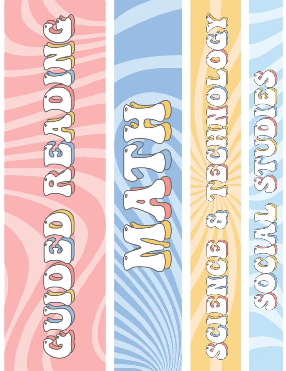 Four binder spine labels: Guided Reading, Math, Science & Technology, and Social Studies, matching the covers