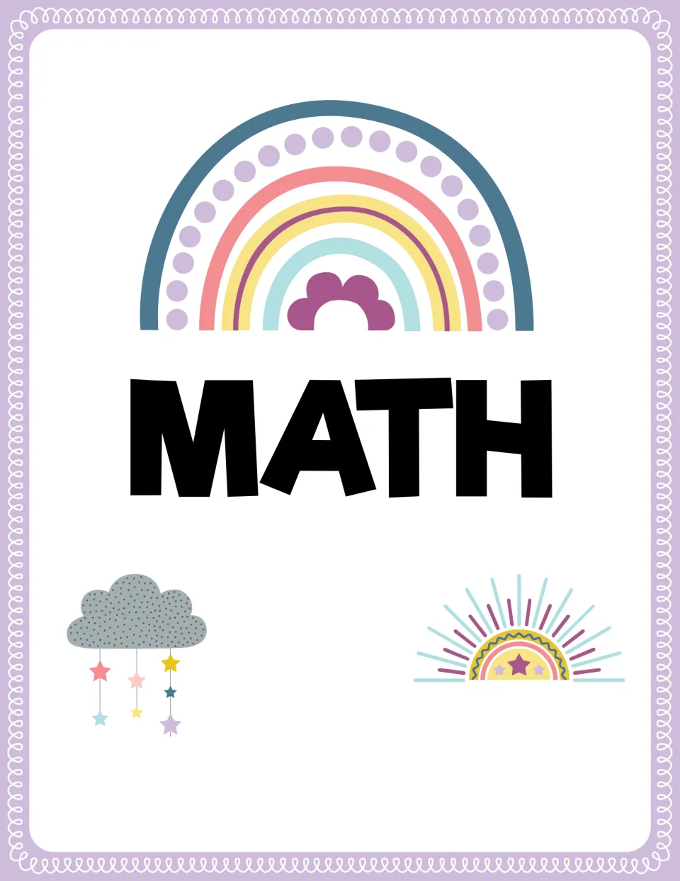 Math binder cover: large black MATH heading beneath a dotted pastel rainbow, with a star-mobile cloud and a sunburst