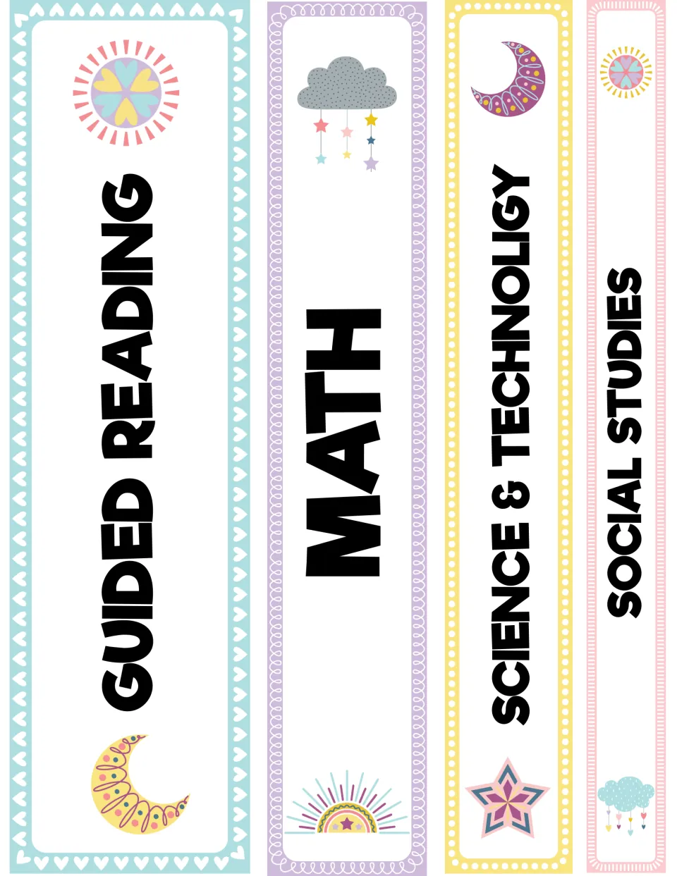 Binder spine labels for Guided Reading, Math, Science & Technology and Social Studies, matching the four subject covers