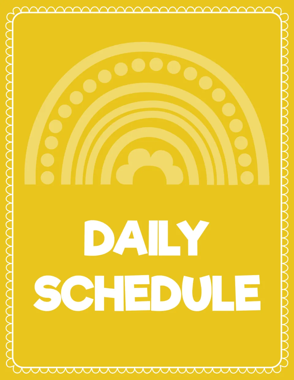Daily Schedule binder cover: white heading on mustard yellow beneath a dotted tone-on-tone rainbow