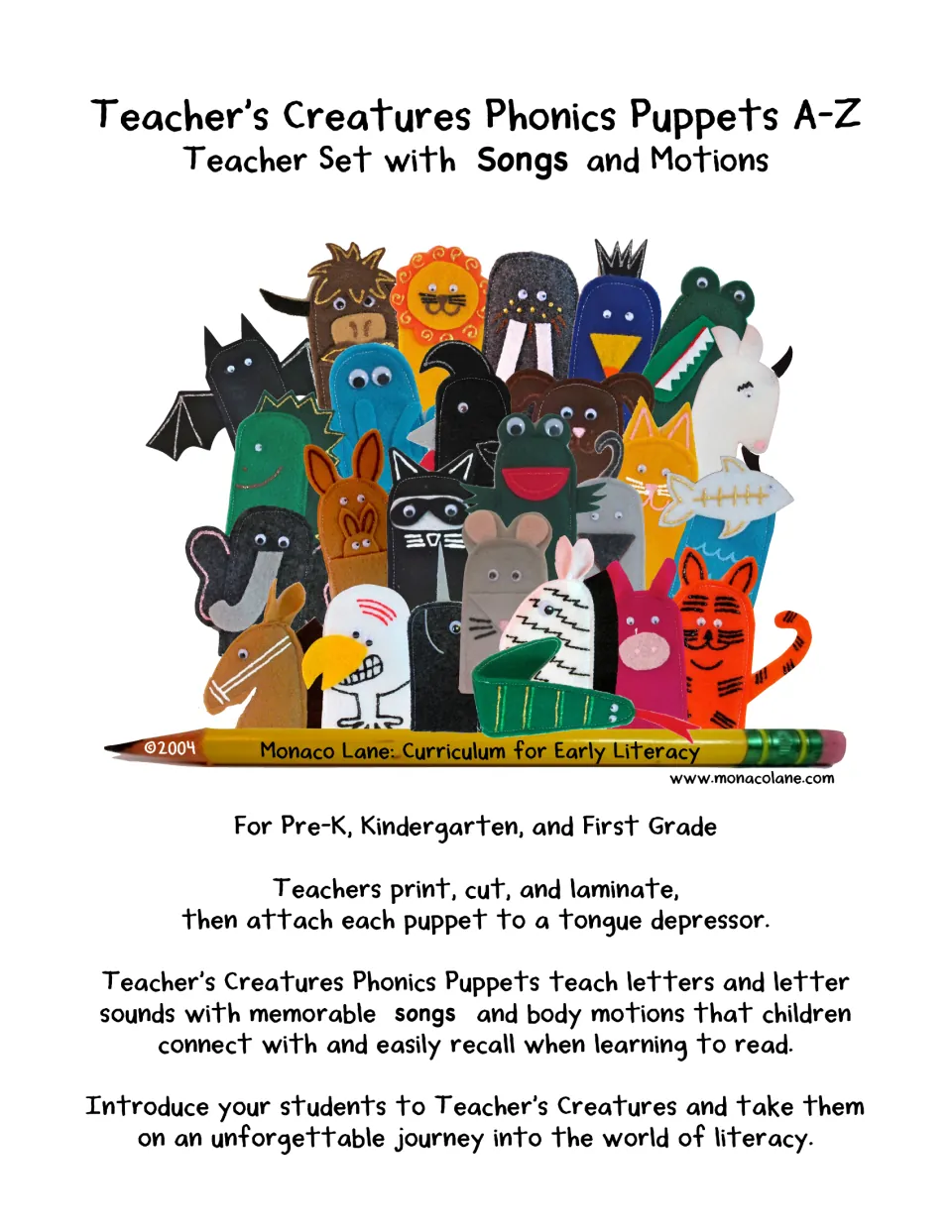 Phonics puppet set cover introduces A–Z animals, songs and motions, plus print, cut and laminate instructions.