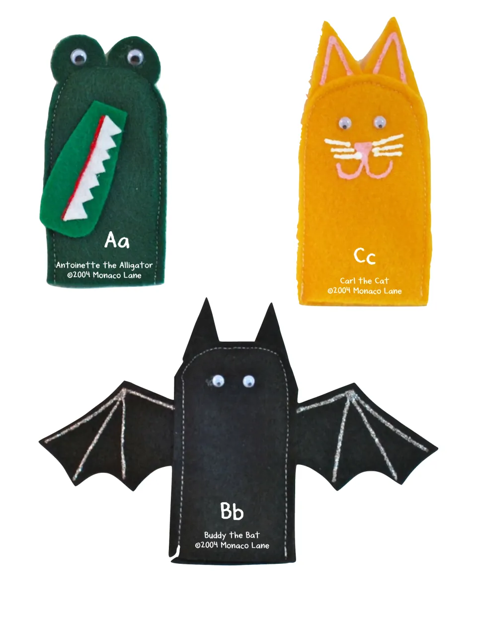 Phonics puppet cutouts A–C: Antoinette the Alligator, Buddy the Bat and Carl the Cat, labeled Aa, Bb and Cc.