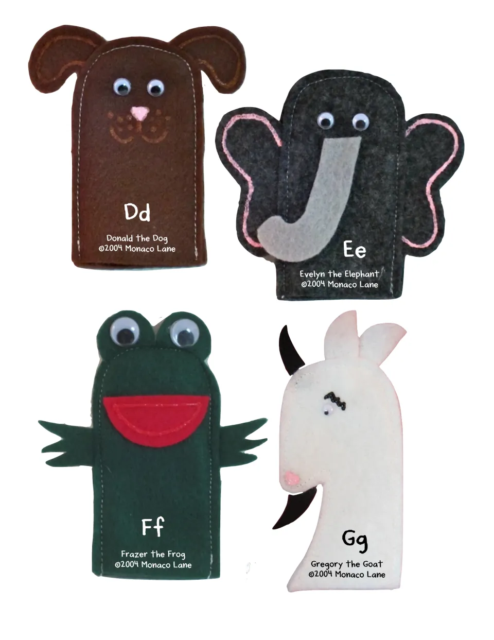 Phonics puppet cutouts D–G: Donald the Dog, Evelyn the Elephant, Frazer the Frog and Gregory the Goat.