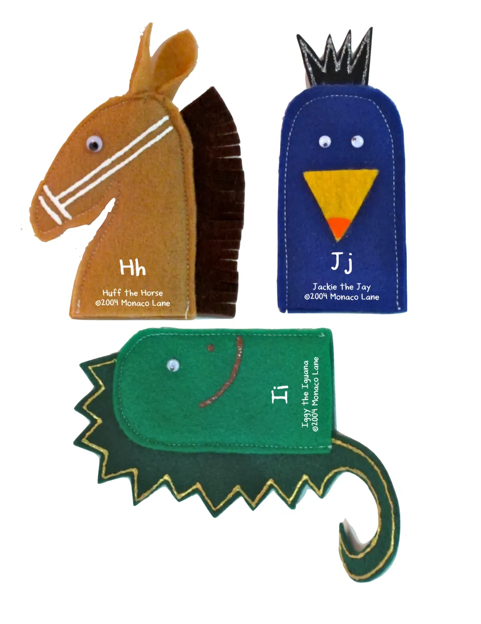 Phonics puppet cutouts H–J: Huff the Horse, Iggy the Iguana and Jackie the Jay, labeled Hh, Ii and Jj.
