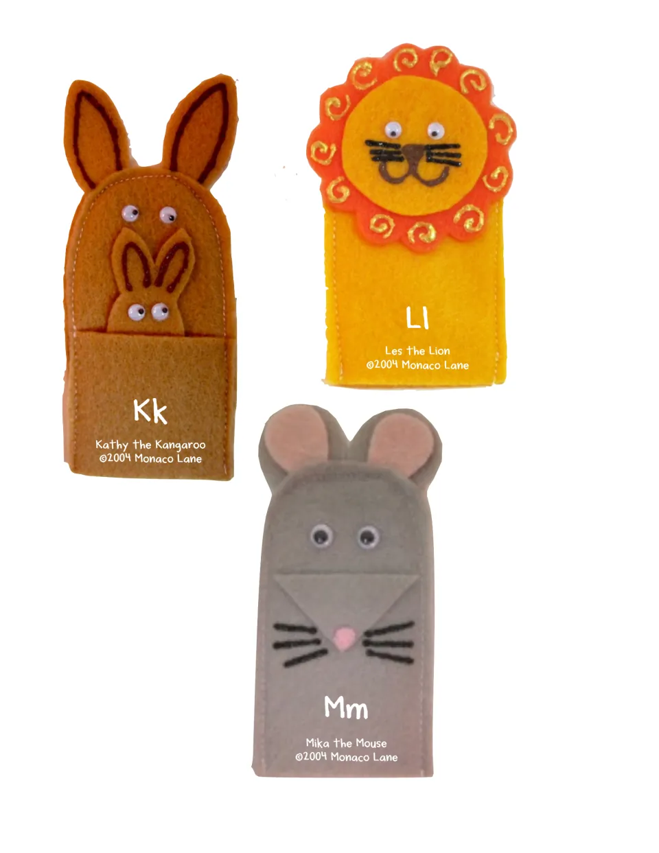 Phonics puppet cutouts K–M: Kathy the Kangaroo, Les the Lion and Mika the Mouse, labeled Kk, Ll and Mm.
