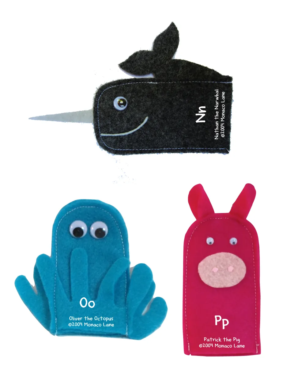 Phonics puppet cutouts N–P: Nathan the Narwhal, Oliver the Octopus and Patrick the Pig, labeled Nn, Oo and Pp.