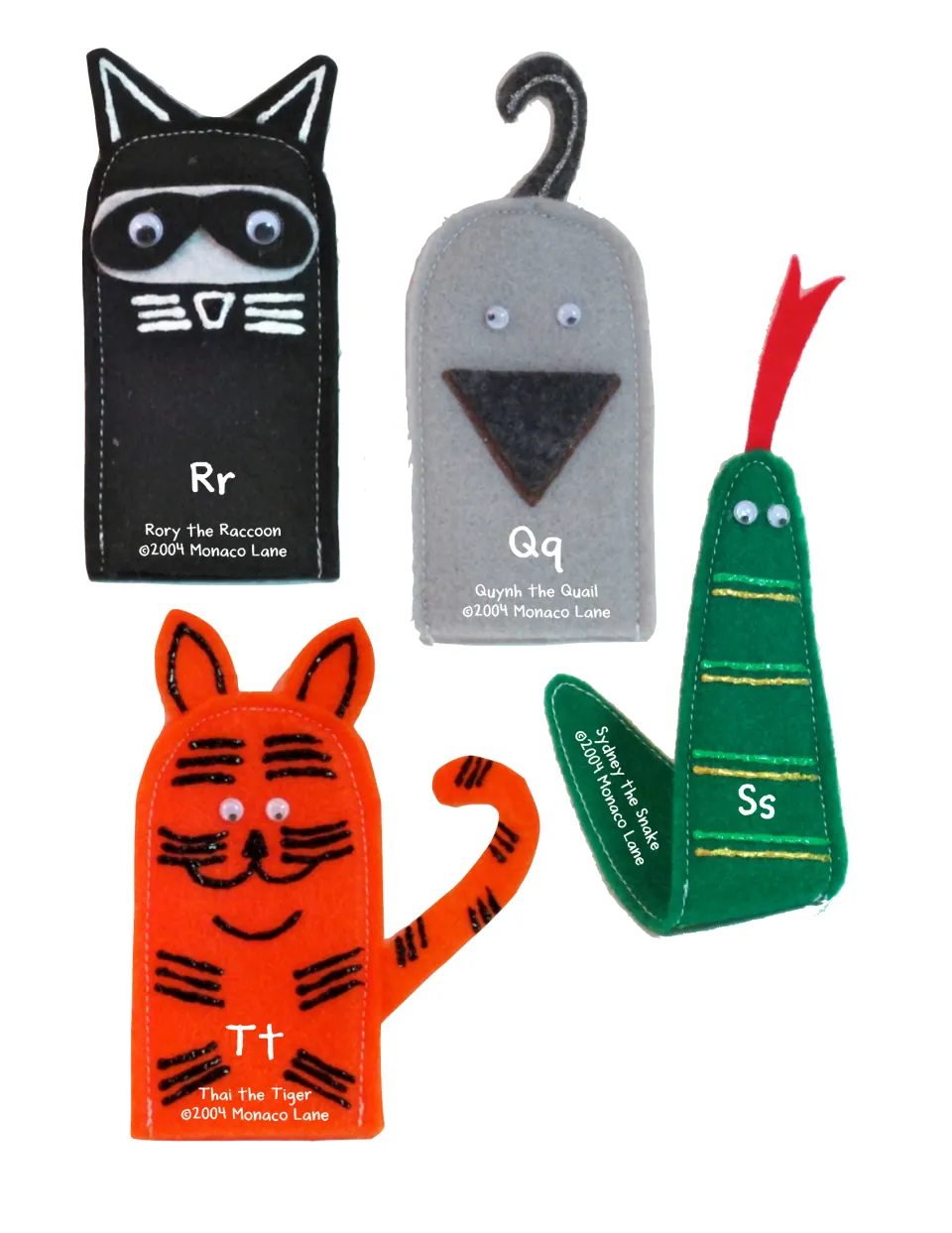 Phonics puppet cutouts Q–T: Quynh the Quail, Rory the Raccoon, Sydney the Snake and Thai the Tiger.