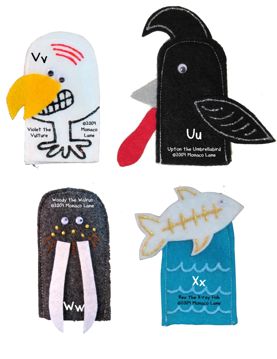 Phonics puppet cutouts U–X: Upton the Umbrellabird, Violet the Vulture, Woody the Walrus and Rex the X-ray Fish.