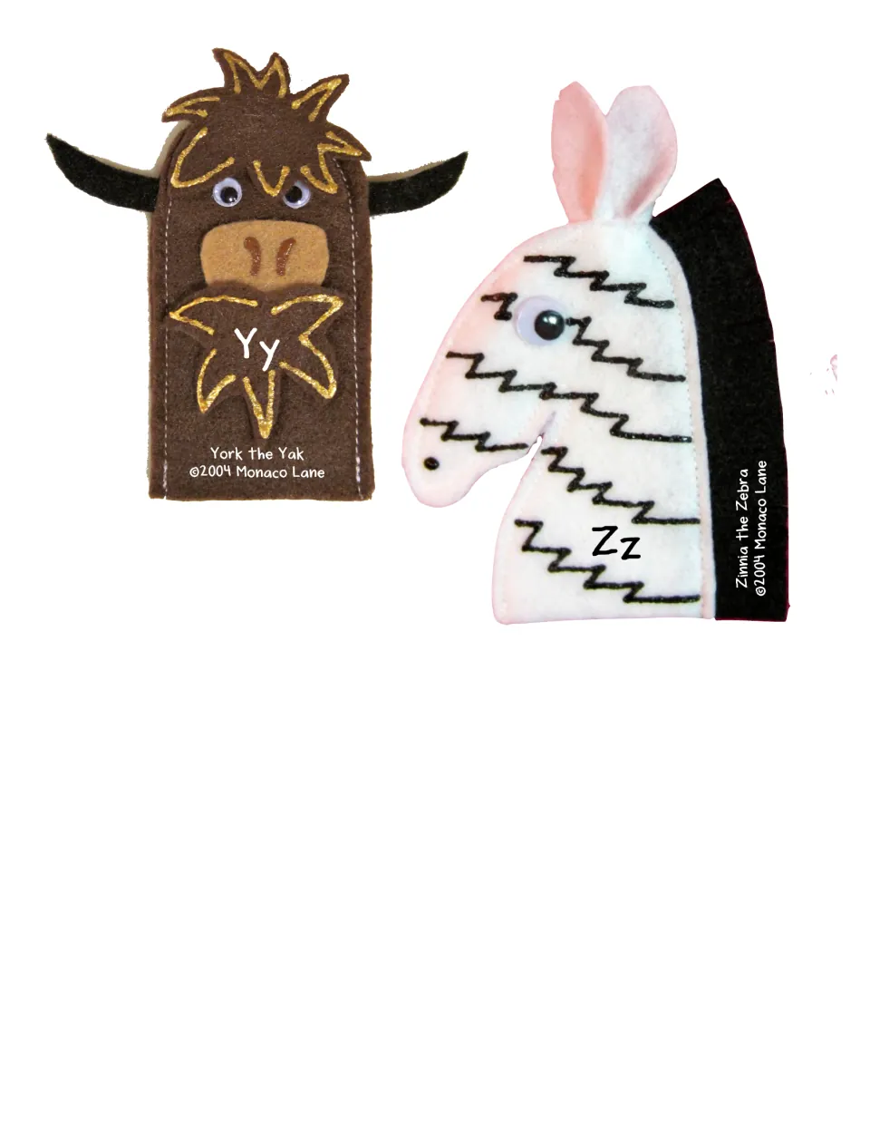 Final phonics puppet cutouts Y–Z: York the Yak and Zinnia the Zebra, labeled with uppercase and lowercase letters.