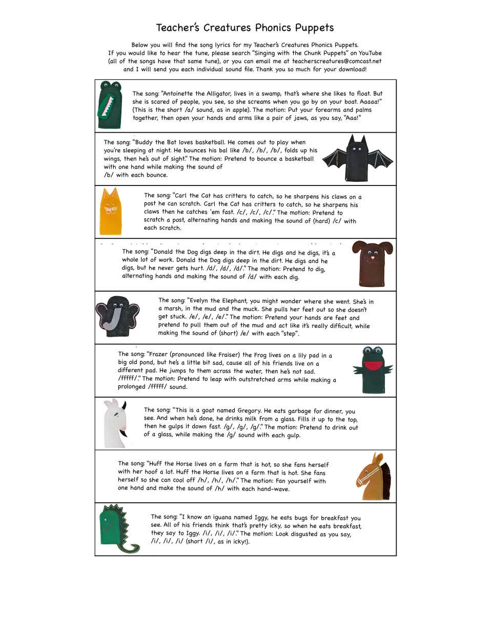 Phonics puppet song-and-motion chart for A–I, with lyrics and actions from Antoinette the Alligator to Iggy the Iguana.