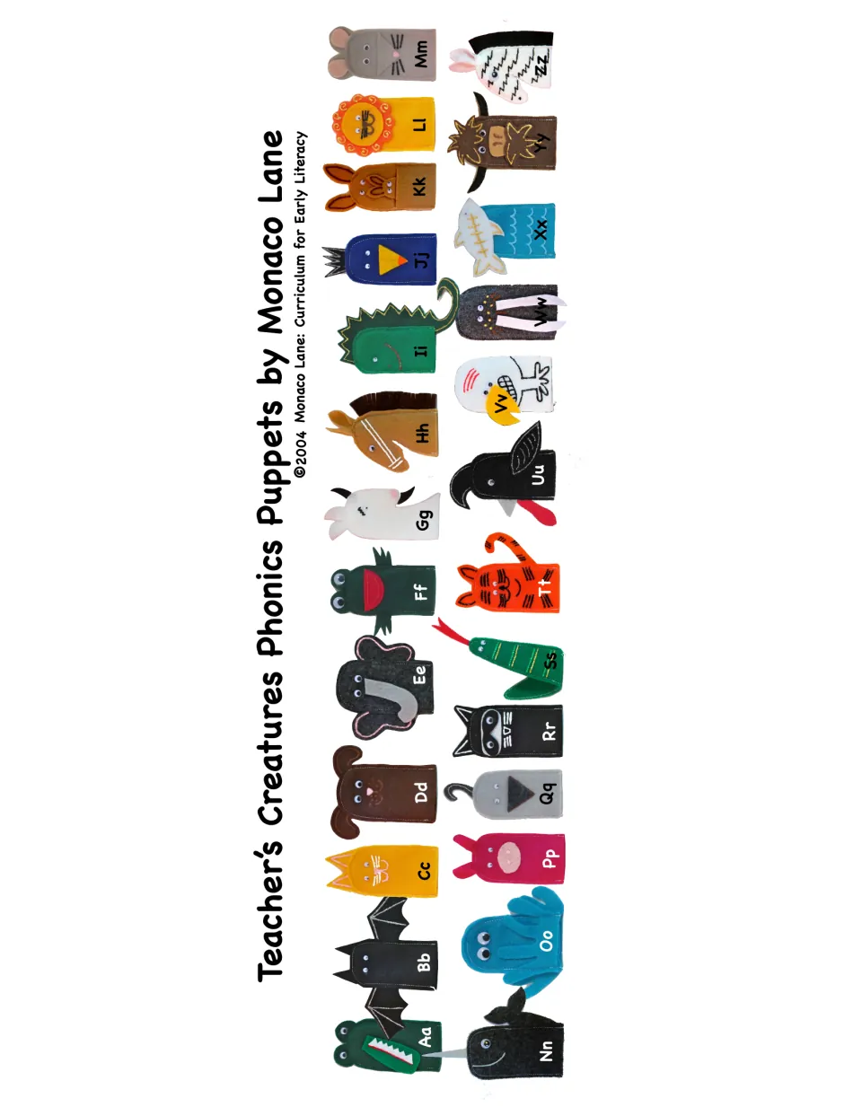 Phonics puppets cover by Monaco Lane: 26 felt animal finger puppets labeled Aa to Zz, such as bat, cat and dog