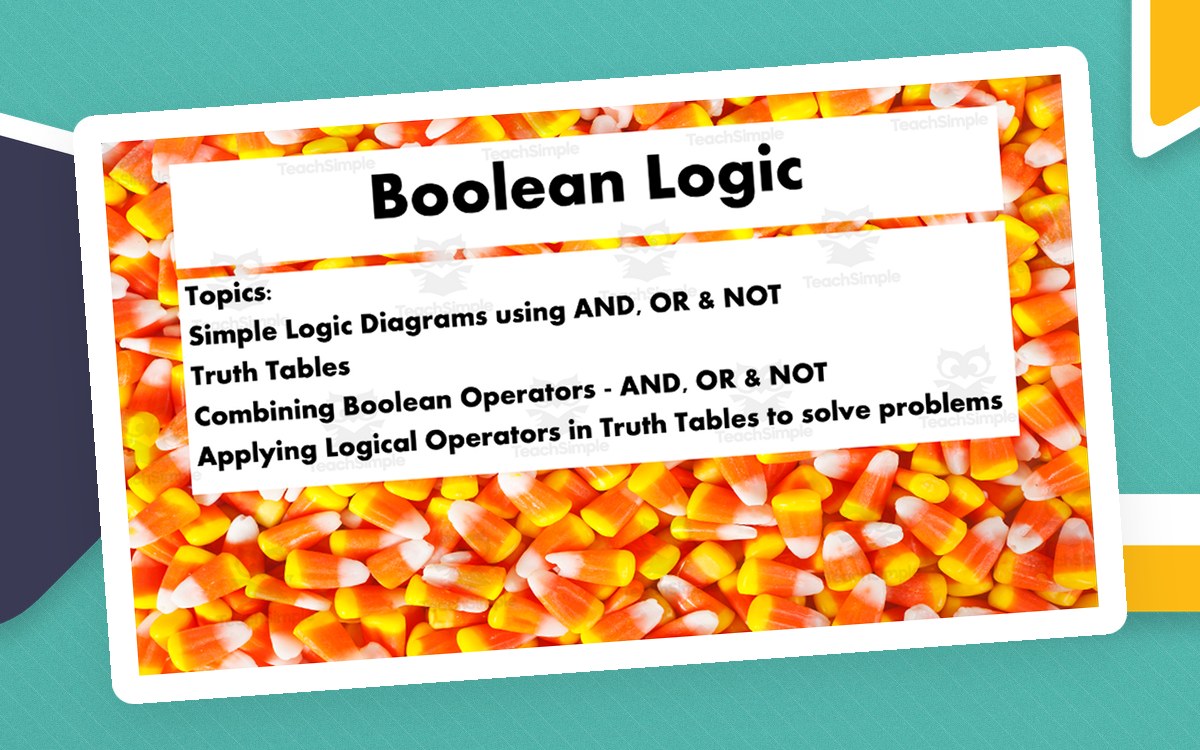 Boolean Logic presentation cover listing logic diagrams, truth tables, and AND, OR, and NOT operators.