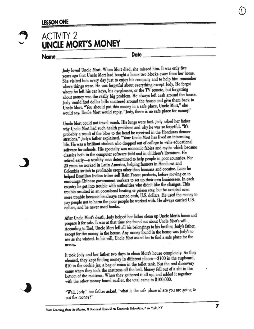 Opening reading, 'Uncle Mort’s Money,' follows Jody as she inherits $100,000 and seeks a safe place for it.