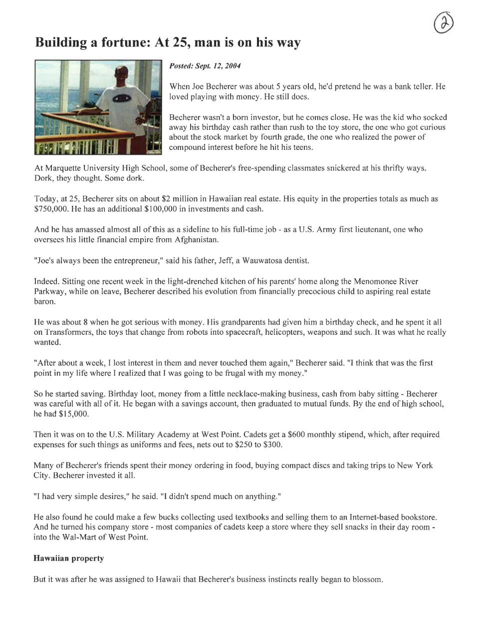 First page of Joe Becherer’s profile traces his early saving habits and introduction to real estate investing.